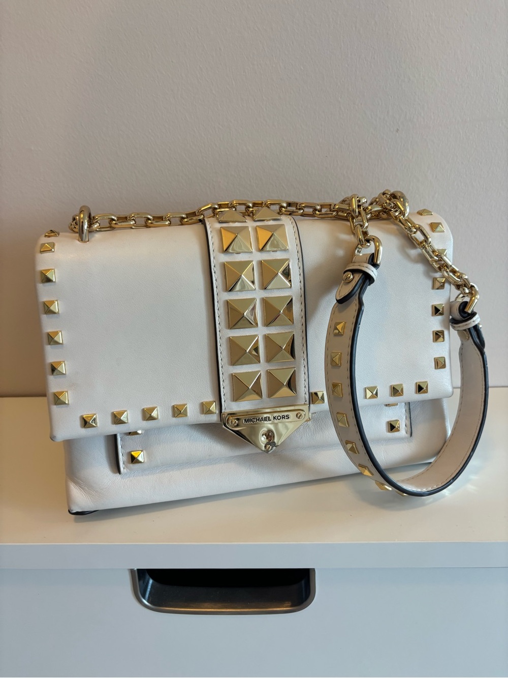 Michael Kors White Leather Shoulder Bag with Gold Studs